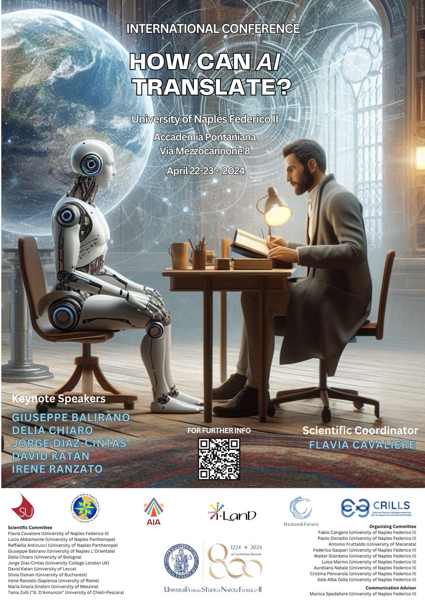 📖 International Conference 'How Can AI Translate?' 📅 April 22-23, 2024 📍 University of Naples Federico II 📚 📖 Check out the conference programme here: cla.unina.it/flex/cm/pages/… ℹ️ For more details, visit the conference website: cla.unina.it/itransconf24