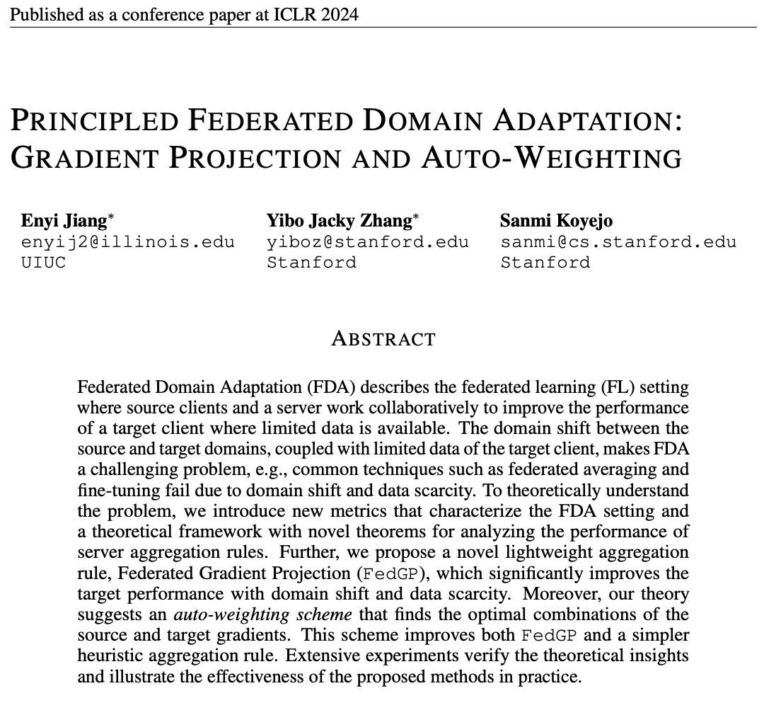 ⏰ 26 days until @iclr_conf. 1️⃣ of the many FL 👩‍🔬 papers there is: 'Principled Federated Domain Adapation: Gradient Projection➕Auto-weighting' -- frm @enyij2 @Ybo_Z @sanmikoyejo @UofIllinois @Stanford. Built w/ 🌼 Flower! See you in Austria 🚀 📝 Paper: buff.ly/3vXZVpv