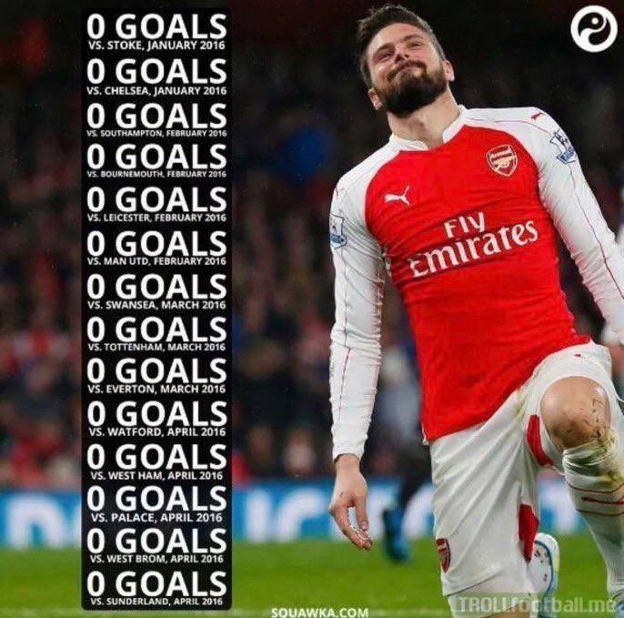 Going 0 in 14 while playing for the title, being the no.9 in the most attacking team with prime Alexis, prime Ozil and prime Cazorla all behind you…those blood stains all over you, Giroud.