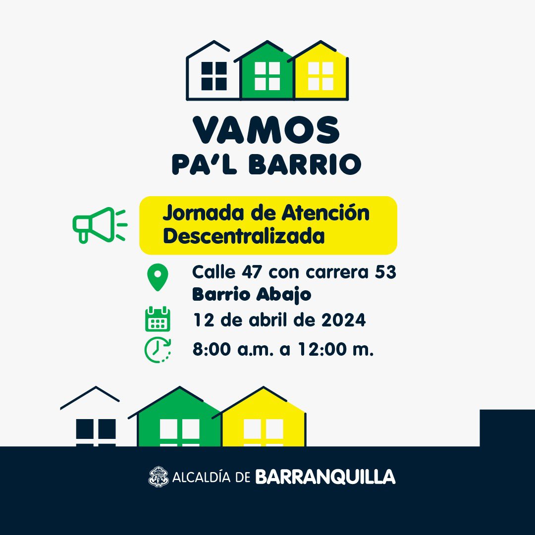 ¡Mi gente, mañana nos vemos en el barrio Abajo! Pa’l Barrio llega este viernes a las 8:00 a.m. con una gran jornada de atención descentralizada para acceder a los servicios de @alcaldiabquilla. 📍El punto de encuentro es en la calle 47 con carrera 53.