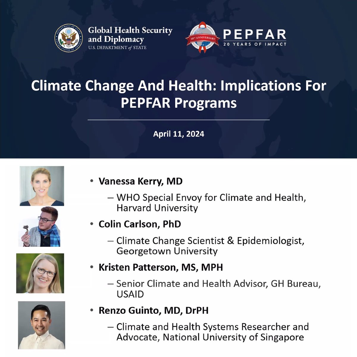 Thanks to @StateDept @USAmbGHSD @PEPFAR 🇺🇸 for inviting me to this important conversation on the nexus of #HIVAIDS & #ClimateChange

Thrilled to exchange ideas & solutions for #PlanetaryHealth 🌏 with @VBKerry (@WHO #ClimateHealth envoy) @ColinJCarlson Kristen Patterson @USAID