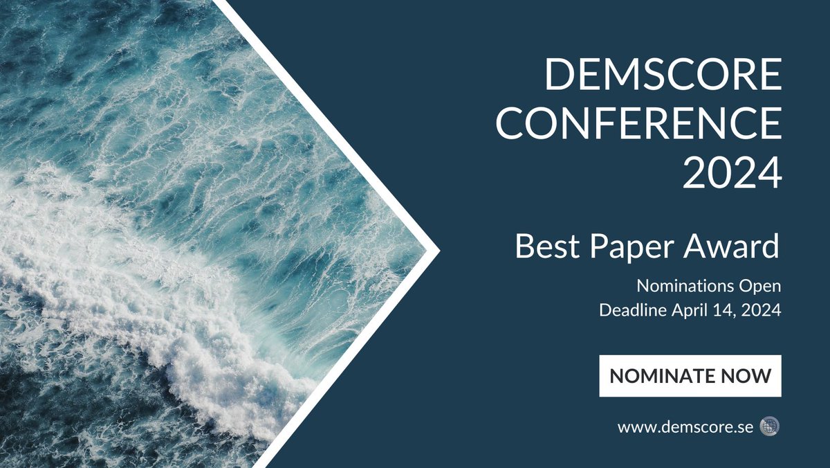 🏅Deadline coming up to nominate papers for the Demscore Best Paper Award! Submit your nominations by April 14, more information at shorturl.at/iosB9 The award honors an early career scholar with the highest quality paper, using data from at least two of Demscore's modules.