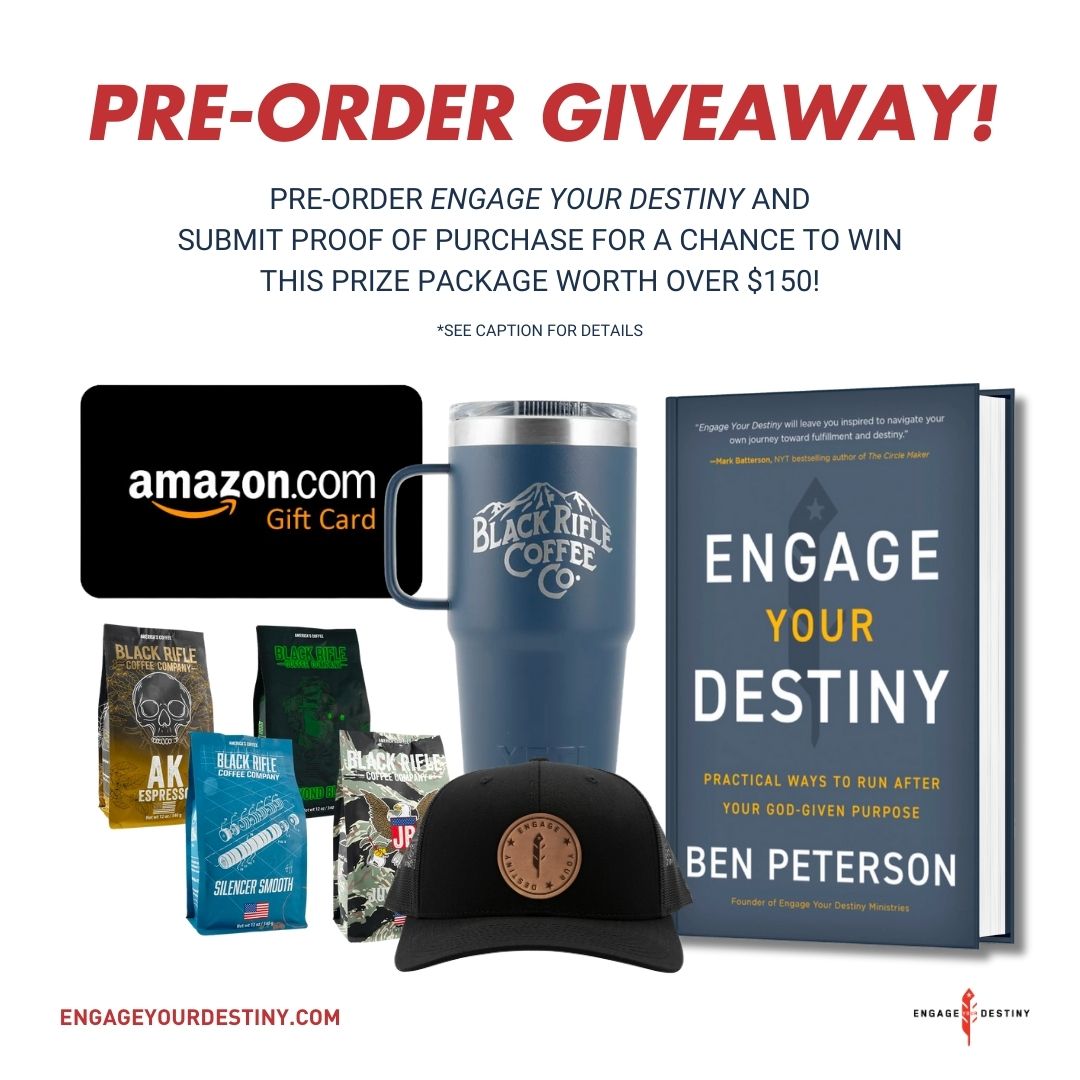 🚨Giveaway Alert!🚨

To enter for or a chance to win this amazing prize package, preorder a copy of Engage Your Destiny and submit proof of purchase here: forms.gle/AkdbdroPUYMthM… 

#giveaway #bookgiveaway #preorder #christianbooks #combatveteran