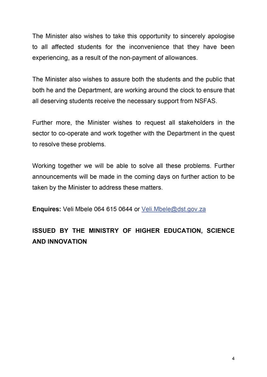 STATEMENT BY THE MINISTER OF HIGHER EDUCATION, SCIENCE AND INNOVATION, PROFESSOR BLADE NZIMANDE ON THE NONPAYMENT OF STUDENT ALLOWANCES BY THE NATIONAL STUDENT FINANCIAL AID SCHEME (NSFAS)