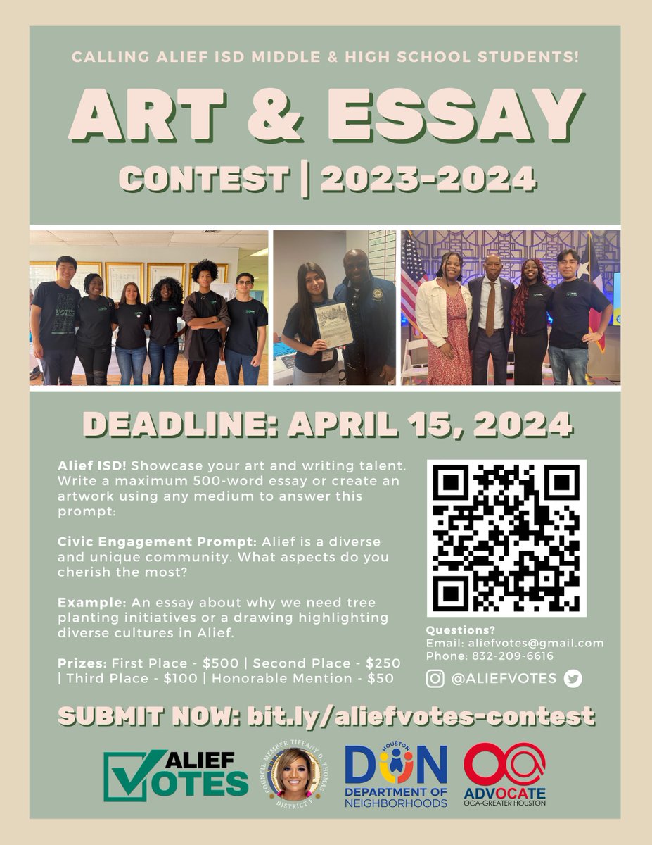 Alief artists and writers! Write a 500-word essay or artwork answering: 'What do you love about Alief?'  Winners will be awarded scholarship funds for a total of $900. Submit your work at bit.ly/aliefvotes-con… today! The deadline is April 15, 2024, at 11:59 PM.