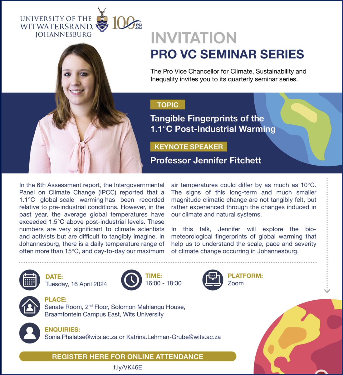 INVITATION🚨| You are invited to a Pro VC Seminar Series at Wits University. Topic: Tangible Fingerprints of the 1.1°C Post-Industrial Warming Date: 16 April 2024 Time: 16:00 Venue: Solomon Mahlangu House Register here: shorturl.at/rsy24 #WitsForGood #WitsSeminarSeries