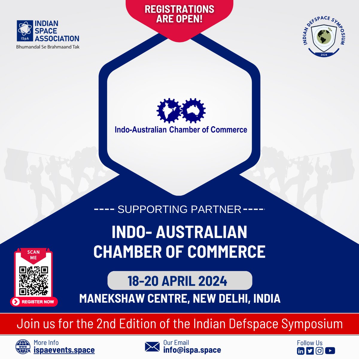 ISpA- Indian Space Association Welcomes @IndoAustChamber as a supporting partner for Indian DefSpace Symposium 2024, 18-20 April, Manekshaw Centre, New Delhi, India. For registration, Scan the QR code or visit ispaevents.space.