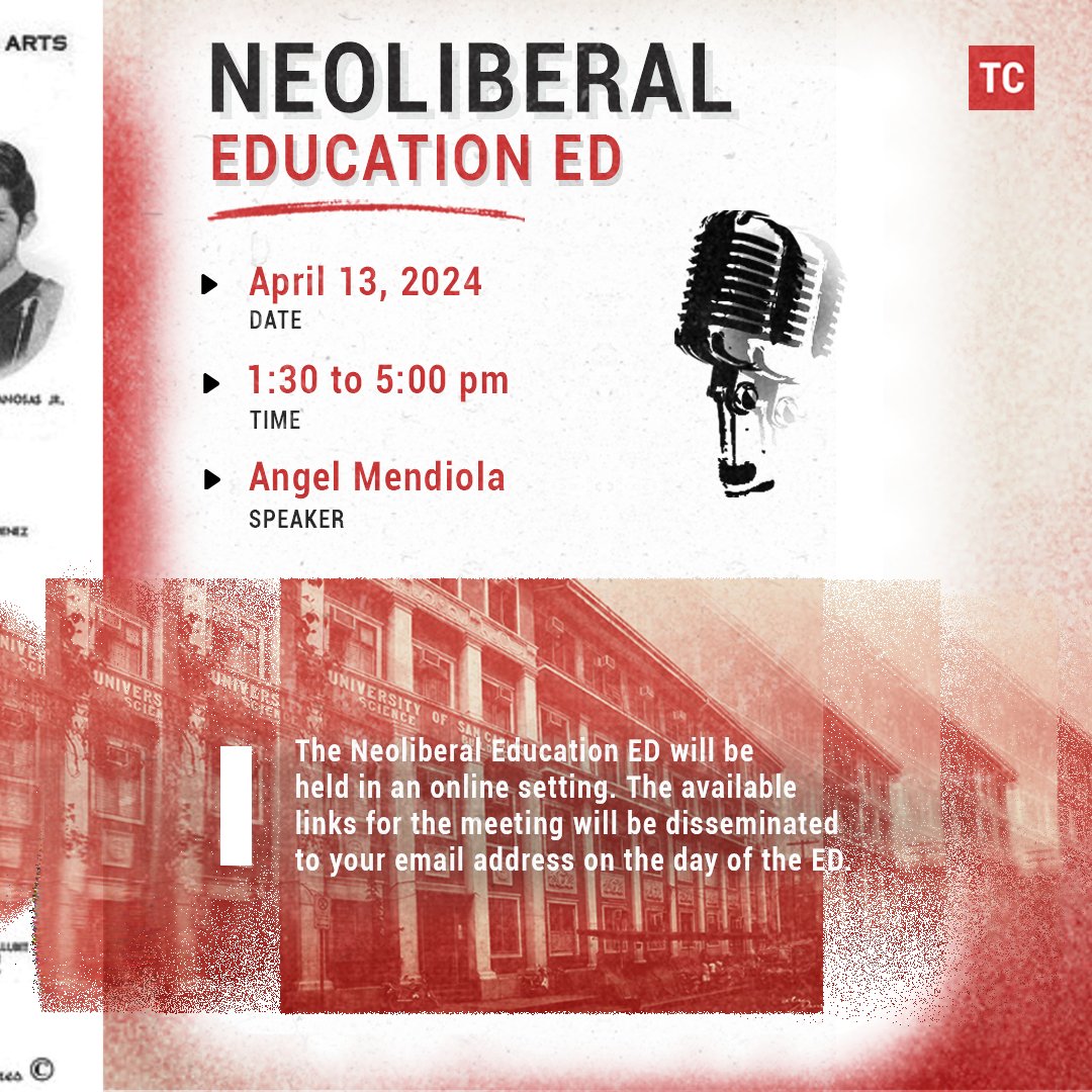 With the multiple issues surrounding the present educational system of the Philippines, the USC EDFest will commence with its first Educational Discussion (ED) on Neoliberal Education that will happen on April 13, from 1:30 to 5:00 PM. 

Register here: forms.gle/2FZQKKMBzH6abr…