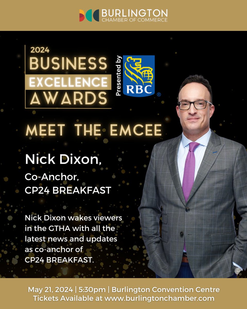 Next month, we are hosting the 2024 Business Excellence Awards, presented by RBC. This event celebrates the best that the #BurlONBiz community has to offer. We are very excited to announce the evening’s Emcee, Nick Dixon, Co-Anchor of @CP24Breakfast. #BCCBusinessExcellenceAwards