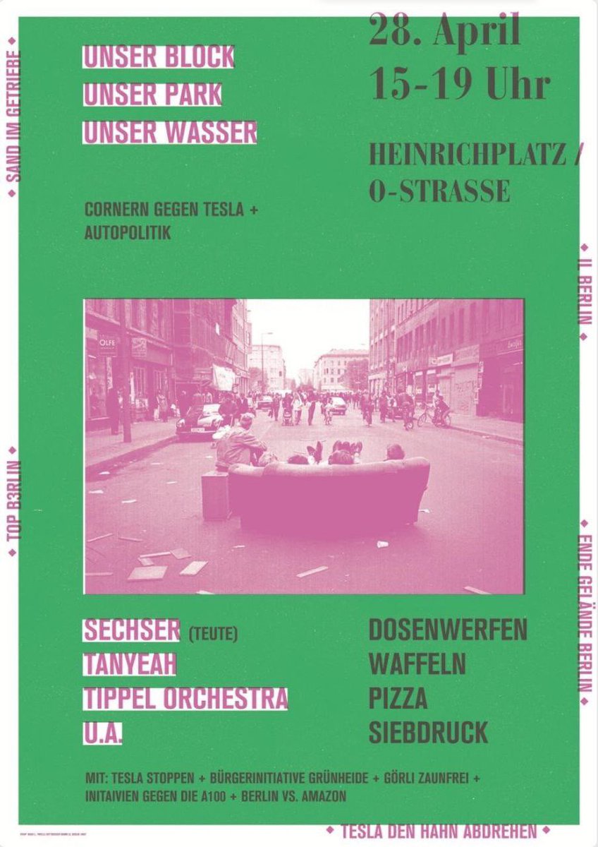 Yea! Kommt alle vorbei es wird schön! 🥰 Am 28.4. von 15-19 Uhr feiern wir ein Fest auf der Straße unter dem wunderschönen Motto „Cornern gegen Tesla + Autopolitik“