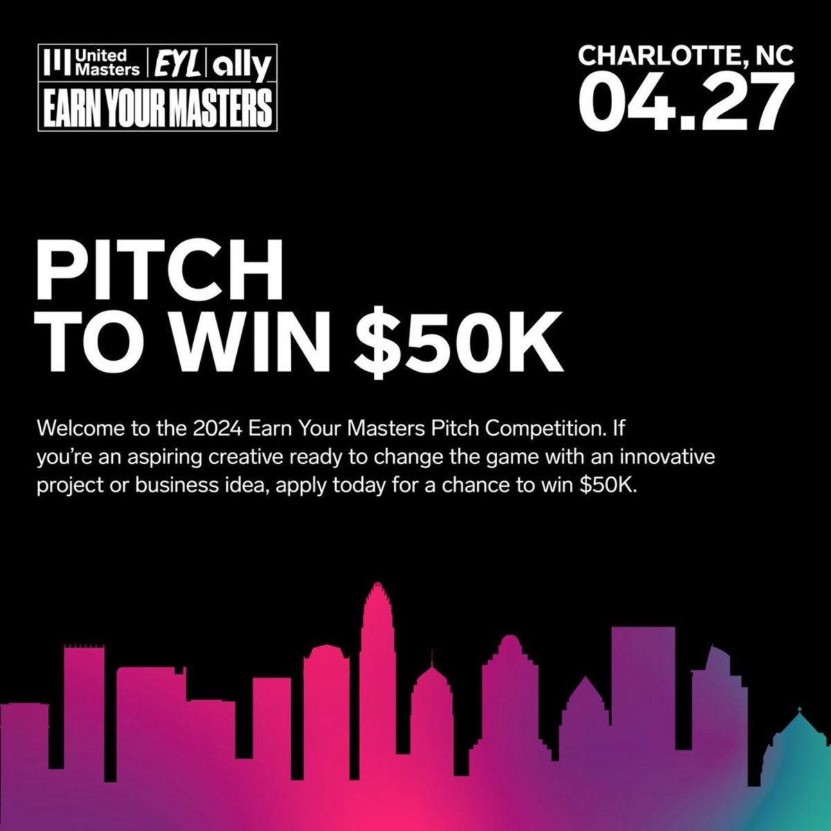 Charlotte we're on our way and we're coming with chance to win $50K! Join the Earn Your Masters Pitch competition, and enter to win a chance to present your big idea Don’t miss your chance to take your business to the next level instapage.unitedmasters.com/en/eym-pitch-c…