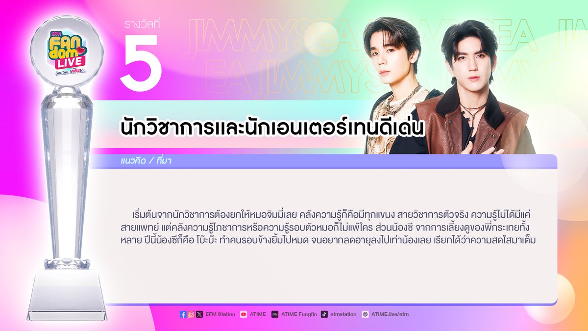 ชื่อที่ 5 “นักวิชาการเเละนักเอนเตอร์เทนดีเด่น”
ชอบชื่อนี้ รีทวิตโพสต์นี้ได้เลยค่าาา✨

#JimmySeaxFANDOMLIVE 
#EFMFANDOMLIVEAWARDS