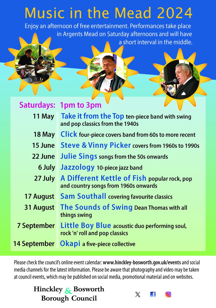 Coming soon! Our popular Music in the Mead concerts are back this summer with a performance from Take it from the Top on Saturday 11 May. Let's hope for some sunshine! ☀️ For more details on this, and other events, please visit: hinckley-bosworth.gov.uk/events