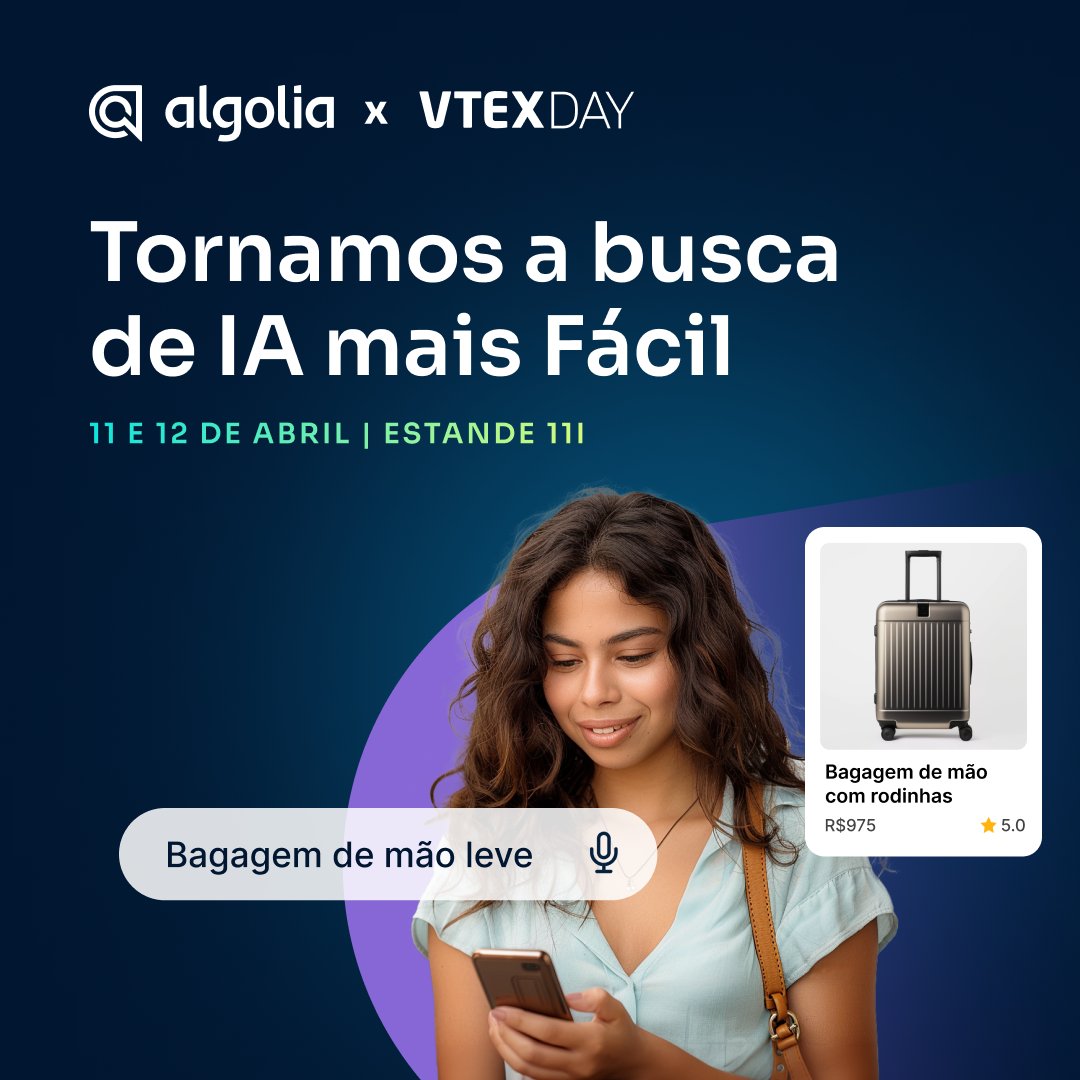 Olá Brasil 🇧🇷✨ We're coming to you LIVE from @vtexday TODAY, April 11 - 12th in São Paulo! Stop by booth #11i, to learn how retailers are optimizing their #ecommerce strategy with #AIsearch that understands. Visite a Algolia - Busca por IA no #VTEXDay: bit.ly/3JjnSuo