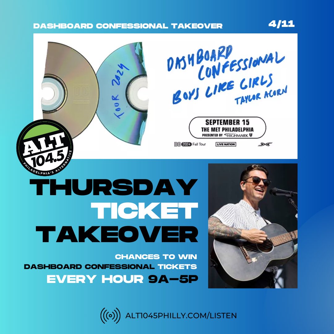 It’s a Dashboard THURSDAY TICKET TAKEOVER! Listen in 9a-5p for your chance to win tickets for their 9/15 show at the @themetphilly! 📲Get the keywords & text them to 91045 ➕BONUS CHANCE TO WIN at ALT1045Philly.com thanks to @livenationphila! Tune in w/ @iheartradio app