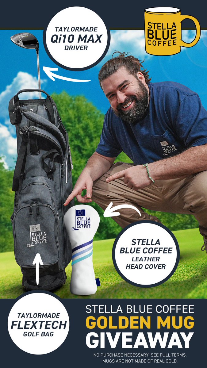 Happy Masters Day! Golden Mug is still going for the entire day today. Look at how happy Max is! Anyone who buys StellaBlueCoffee.com will be entered to win this new bag, driver and cover. Buy Buy Buy —> StellaBlueCoffee.com