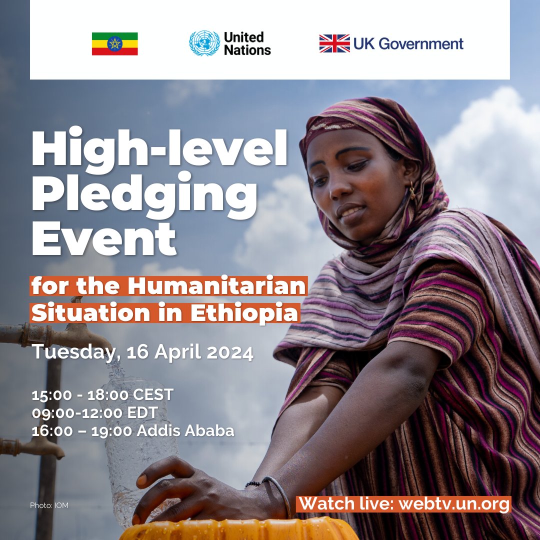 Climate shocks and hostilities have pushed over 21M people in #Ethiopia into humanitarian need. They require urgent attention and international solidarity. 📢 Stay tuned for the High-Level Pledging Event in support of the response. 👉 bit.ly/4aSBSr5 #InvestInHumanity