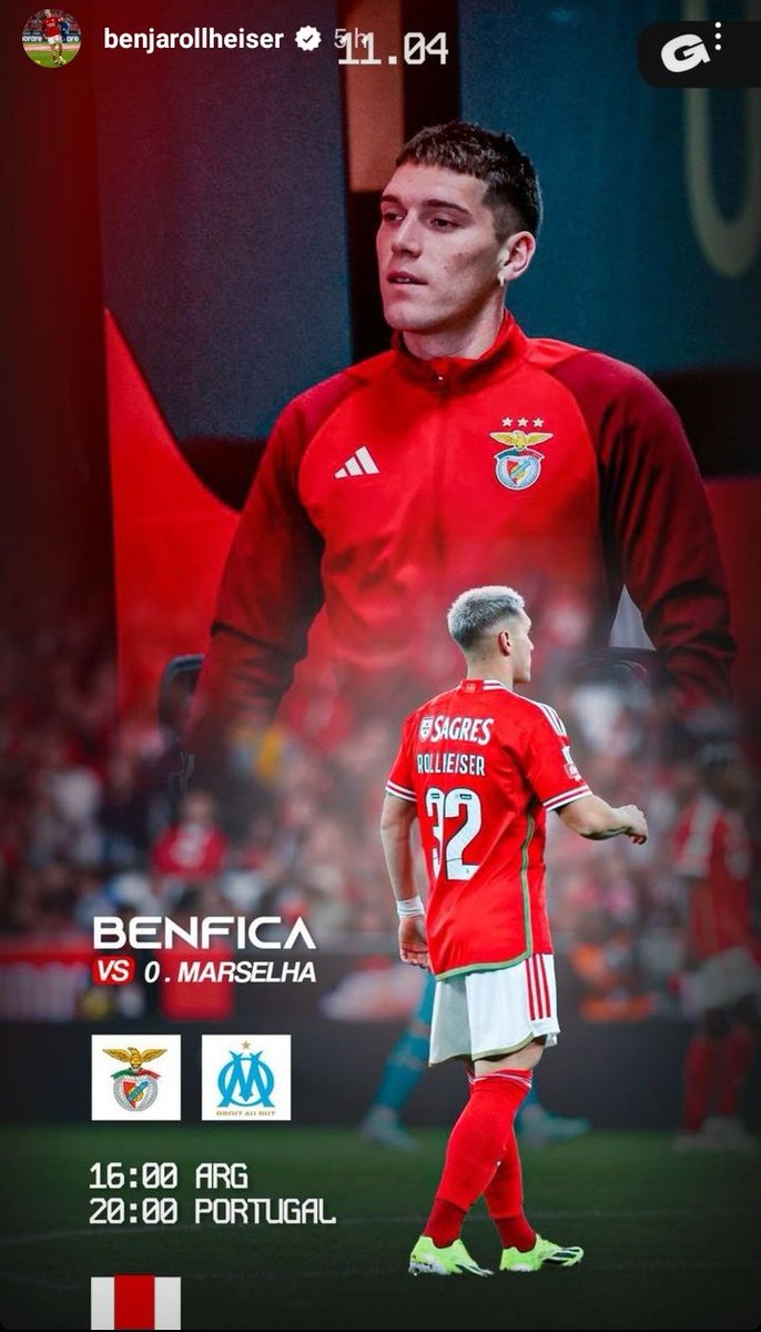 Hoy el #Benfica se enfrenta al #Marselha por la Europa Ligue por los Cuartos de final (partido de ida).

Esperemos benja pueda sumar minutos en la copa internacional..
