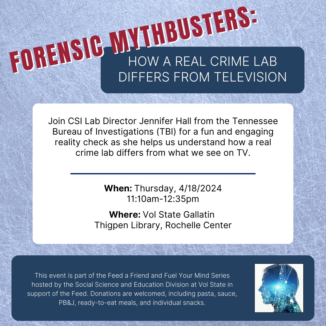 If you love #CSI, you will love this session! #VolState is happy to welcome Jennifer Hall, CSI Lab Director from the Tennessee Bureau of Investigation (#TBI). Join us on 04/18/24 at 11:10am.
See more at volstate.edu/events?trumbaE…
#Forensics #CriminalJustice #SocialScience