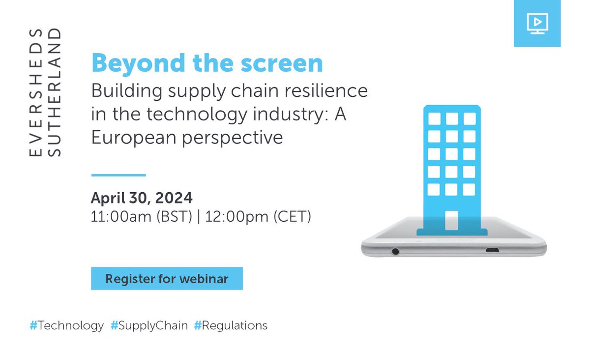 Join us on April 30 for a webinar on building #SupplyChain resilience in the #technology industry. This webinar will offer a European perspective on ESG regulatory demands, digital supply chain liability, cybersecurity and more. Sign up now: esglobal.law/4atxMWh #regulations