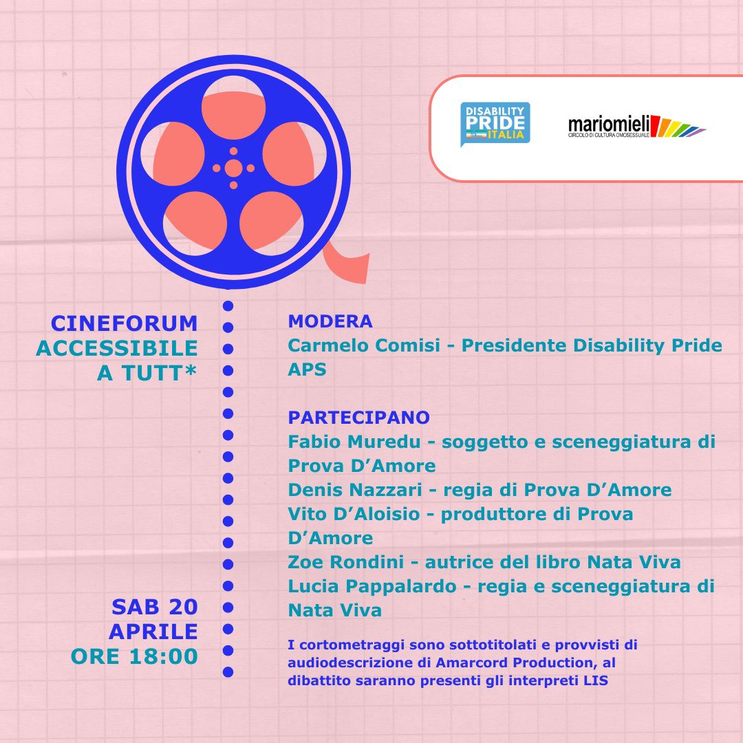 NARRAZIONI A CONFRONTO - cineforum accessibile a tutt* 20 aprile ore 18:00 presso Circolo Mario Mieli / via Efeso 2A Prova D’Amore VS Nata Viva “due modi differenti di raccontare la disabilità” Verranno proiettati i due cortometraggi e in seguito si terrà un dibattito