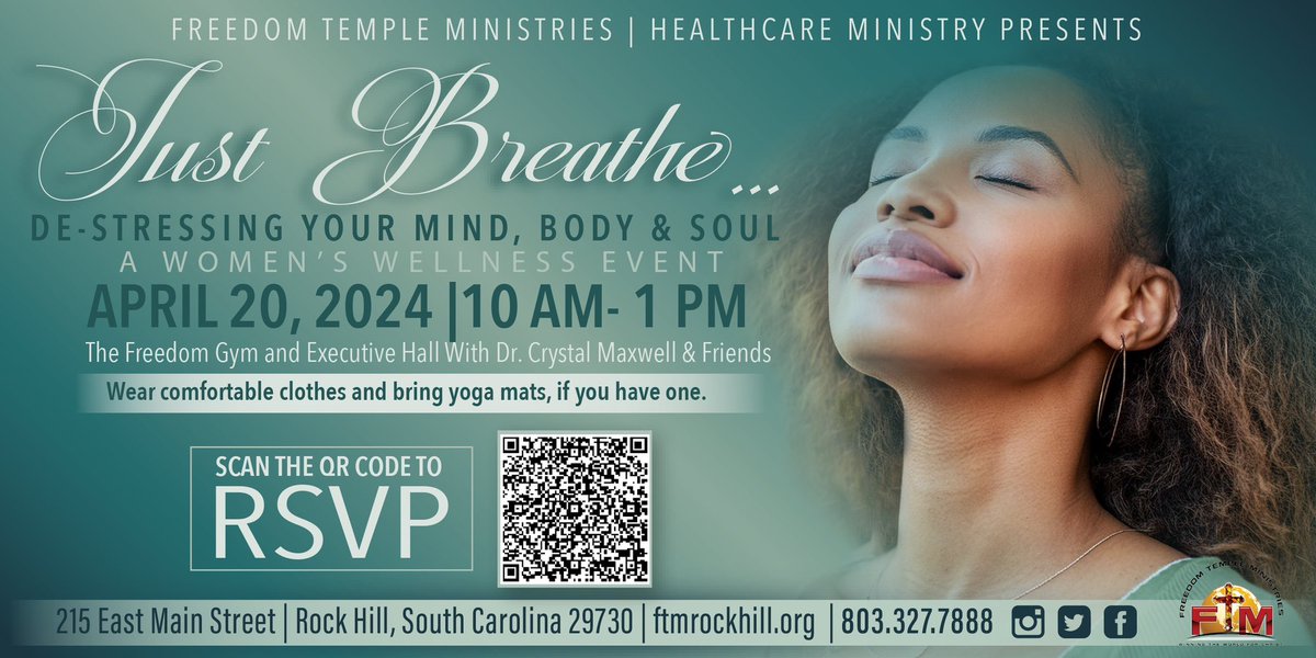 The Healthcare Ministry is sponsoring the Just Breathe Wellness Event on Saturday, April 20th. Registration required. Scan the QR Code or click the link below to register! Brunch is included! #healthcareministry #ftmrockhill tinyurl.com/ywmaw2c2