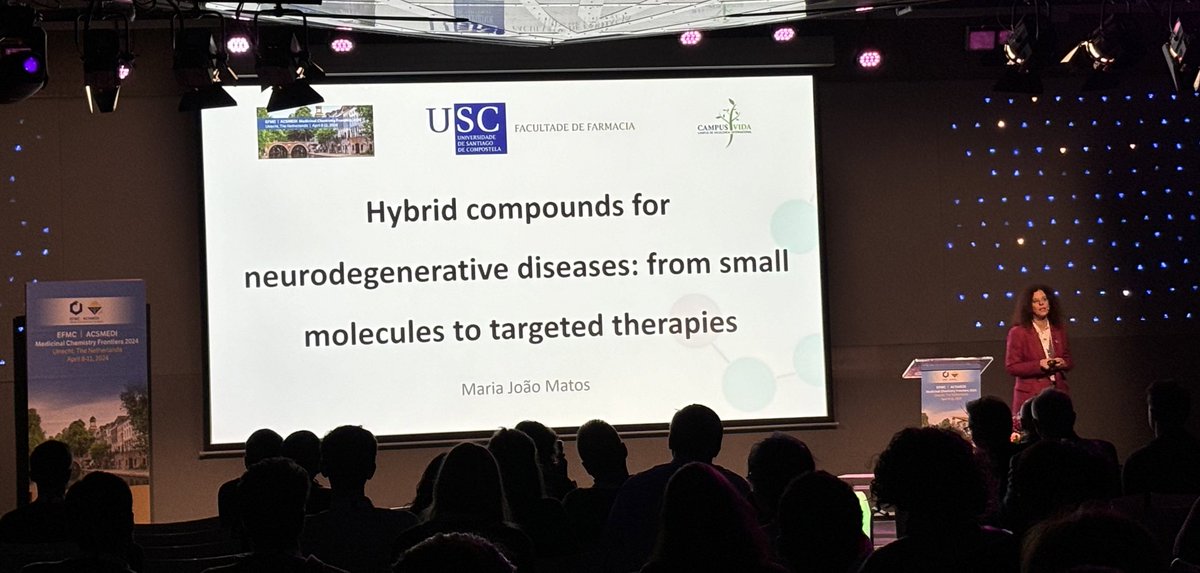 Our esteemed @ChemEurope lecturer at #MedChemFrontiers24 is board member @mariacmatos (@cimususc), discussing 'Hybrid Compounds for Neurodegenerative Diseases: from Small Molecules to Targeted Therapies'. Learn more at mariacmatos.wixsite.com/website. @EuroMedChem @AcsMedi #medchem