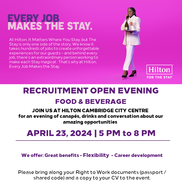 🌟 Join us for our Recruitment Open Evening on Tuesday, April 23rd, from 5pm to 8pm! Book your ticket now to secure your spot: hil.tn/gaip3x We look forward to welcoming you! 🥂🍽️ #Recruitment #CareerOpportunities #Cambridge #CambridgeJobs #Hilton #HiltonCareer