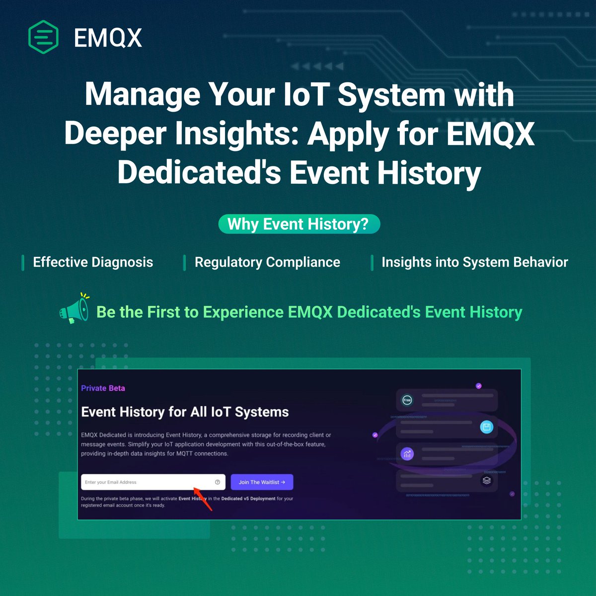 🎉 Exciting news! EMQX Dedicated v5 will soon introduce #EventHistory, offering an out-of-the-box method to observe and analyze device behavior over time. 🚀 Gain in-depth data insights, troubleshoot efficiently. #MQTT Join private beta testing now! ⬇️ social.emqx.com/u/l3ja2h