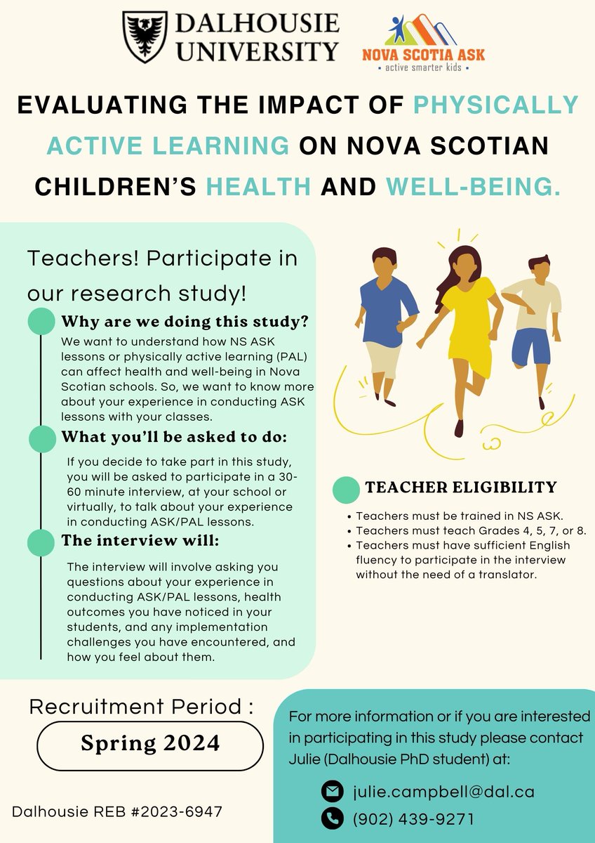 NS Active Smarter Kids Project (@nsaskproject) on Twitter photo Do you teach grades 4-5 or 7-8 and have been trained in and conduct NS ASK lessons? Do you want to share your experiences and talk about how these lessons impact you and your students?
See below for more details on how to get involved in this research study! <a href="/DalHealth/">Dal Health</a> Do you teach grades 4-5 or 7-8 and have been trained in and conduct NS ASK lessons? Do you want to share your experiences and talk about how these lessons impact you and your students?
See below for more details on how to get involved in this research study! <a href="/DalHealth/">Dal Health</a>