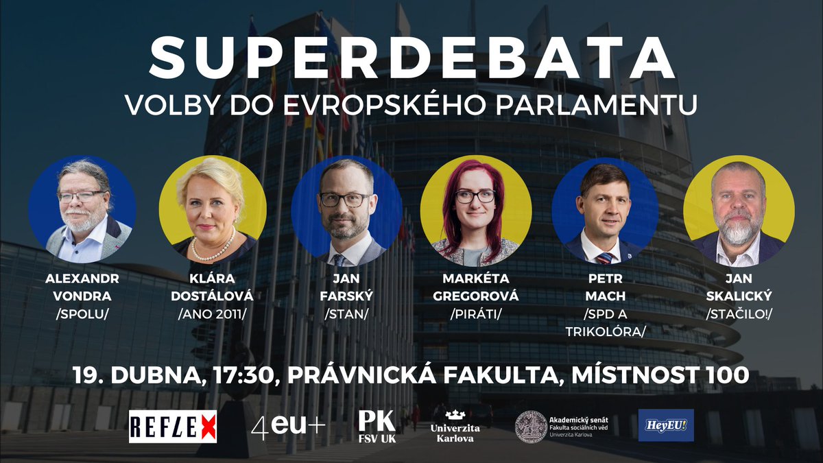 🇪🇺 SUPERDEBATA K VOLBÁM DO EP 2024 JE ZDE 🇪🇺 🗣️ Přijďte si poslechnout kandidáty do Evropského parlamentu a položit jim otázky, které vás nejvíce zajímají. 🗓️ Debata se koná už v pátek 19. dubna od 17:30 na Právnické fakultě Univerzity Karlovy! fb.me/e/6HkBnLjqL