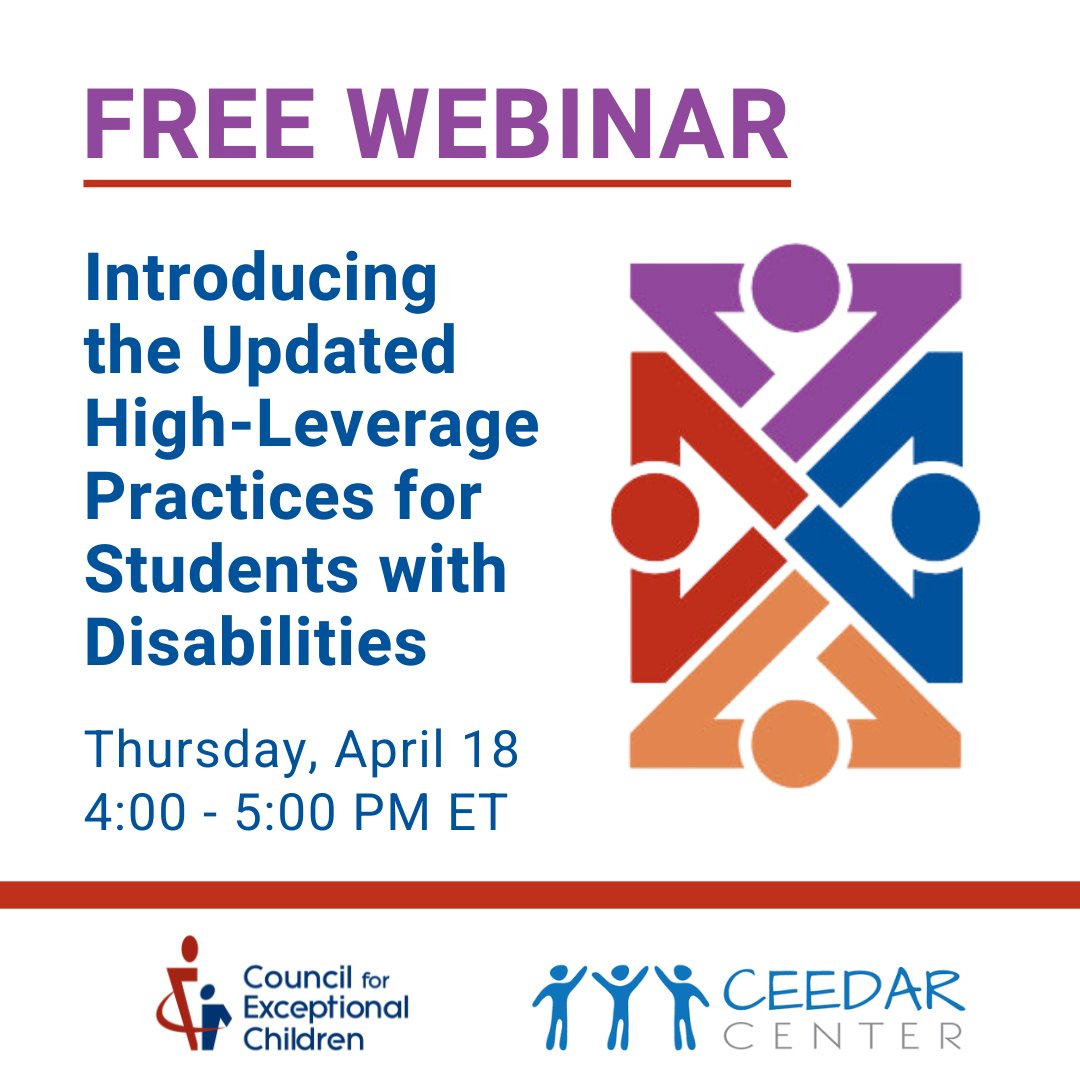 Join us on 4/18 for an exciting webinar on the revised and updated "High-Leverage Practices for Students with Disabilities." This webinar will dive into the interpretation and analysis of how the HLPs work together and alongside evidence-based practices.

exceptionalchildren.org/event/cec-webi…