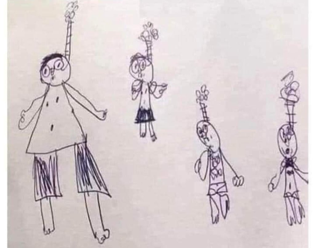 Our six-year-old handed us a note. His teacher had called my wife and I in for an emergency meeting. We asked our son if he had any idea why and he said, 'She didn't like a drawing I did.' We went in the next day. His teacher pulled the drawing below out and said, 'I asked him to…
