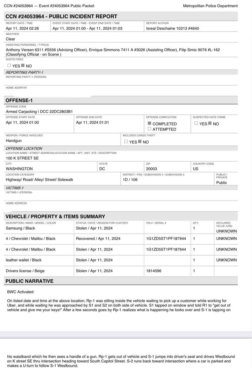 📰 Attached is the incident report regarding the Armed Carjacking that occurred early this morning in 📍 Navy Yard. Armed Carjackings are every Uber driver's worst nightmare. The fear of encountering such a terrifying situation while simply trying to earn a living is…