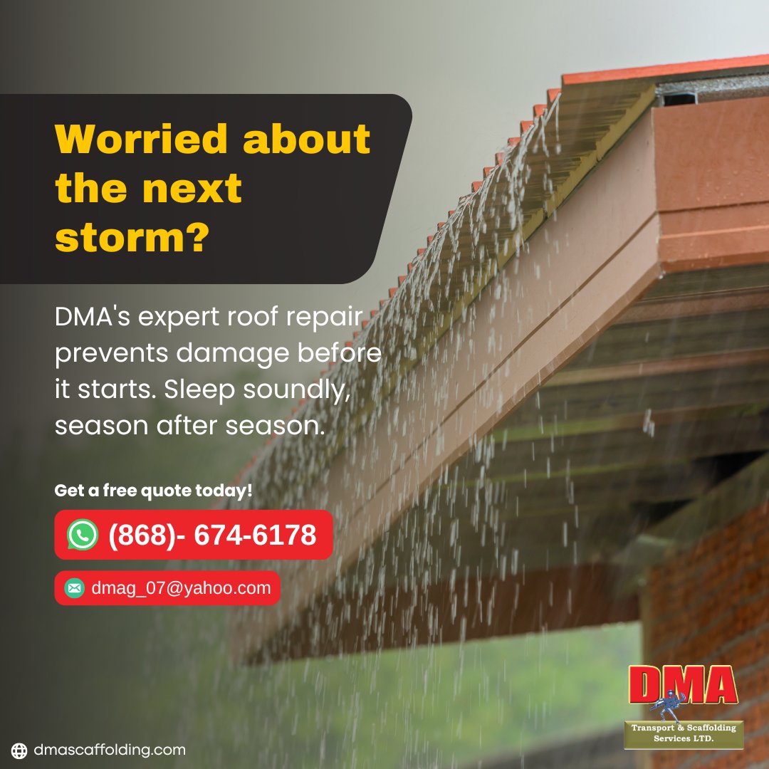 Protect your property from storms with DMA's expert roof repair and maintenance solutions. 🏠⛈️ 

Trust us to fortify your first line of defense against nature's fury.

#RoofRepair #StormProtection
.
Call us today! 📞 (868)-674-6178
Visit - dmascaffolding.com