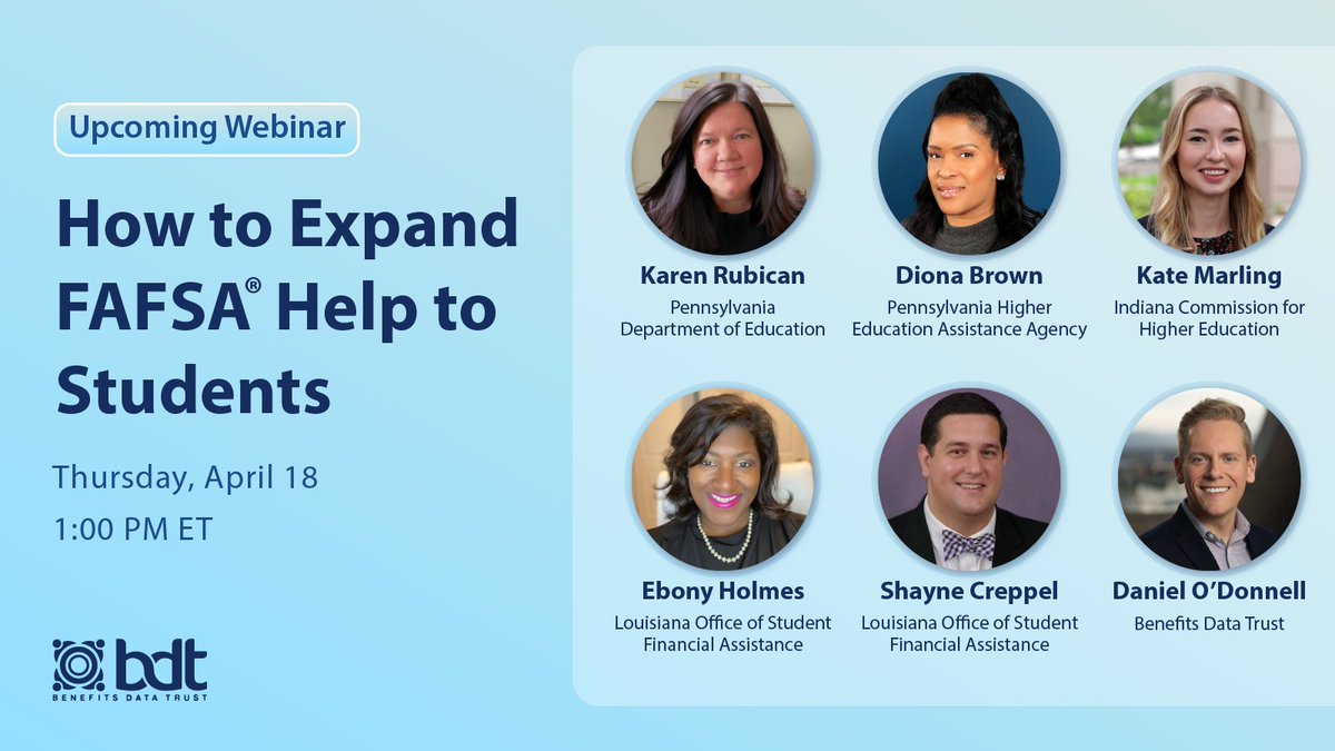 Are you interested in learning how your organization can provide assistance to students filing the FAFSA? Tune in next week for a conversation with the Commission’s own Kate Marling along with @BeneDataTrust, @PADeptofEd, @PHEAAaid, and @LOSFA. RSVP: bdtrust-org.zoom.us/webinar/regist…