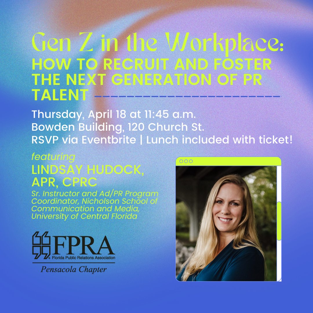 We've got you covered next week! Join us for, "Gen Z in the Workplace: How to Recruit &amp; Foster the Next Generation of PR Talent." ✅ eventbrite.com/e/881311976847… #FPRA #FPRAPensacola #pensacolaflorida
