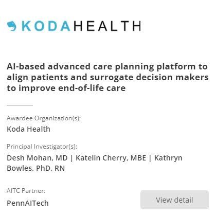 Koda Health innovates end-of-life care. Their #AI platform ensures alignment between patients & surrogates, enriching care decisions. #a2pilotawards #awardees @pennaitech #cohort1 bit.ly/3IxAyhd