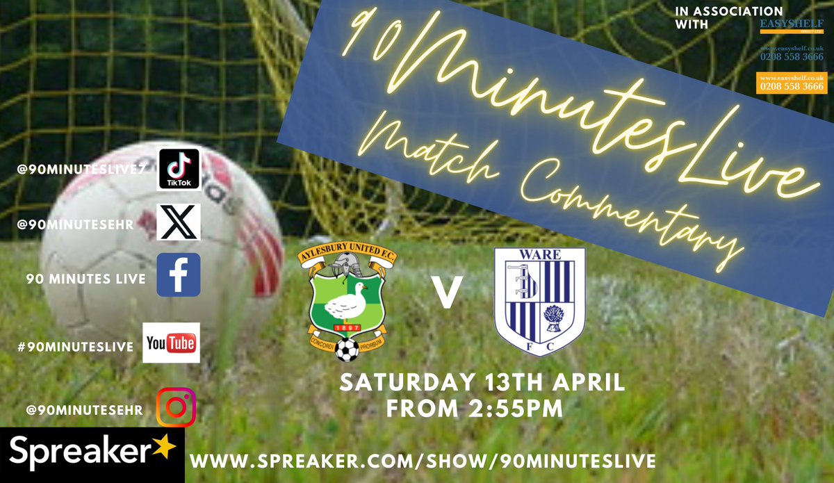 This #Saturday we are on the road as we visit @AylesburyUtdFC for the visit of @Ware_FC join @marvotm and @symon75 from 2:55pm for LIVE commentary on spreaker.com/show/90minutes… #90MinutesLive #Wareboys #Easyshelf