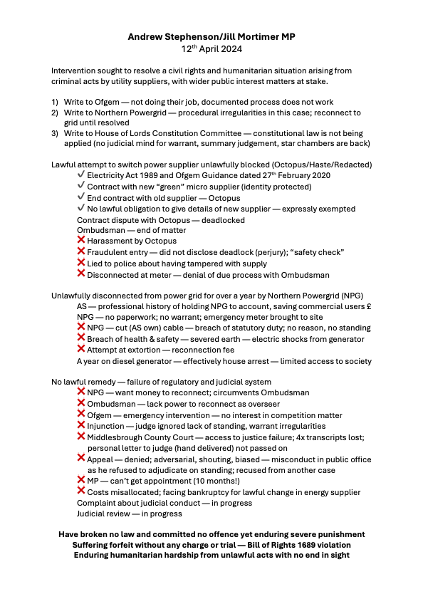 Helping a friend prepare for a meeting tomorrow with his MP to address the iniquities of energy gangsterism. Fundamentally this is down to our constitution being ignored and a breakdown in the rule of law and judicial due process. Sharing in hope others can benefit from template.