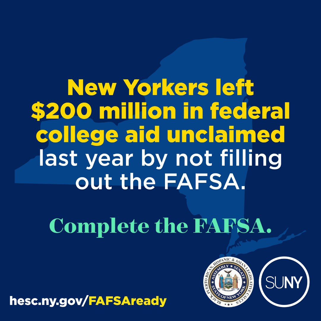 The FAFSA puts students on track for federal and state aid to help pay for college tuition, fees, books, and housing. Don’t leave money sitting on the table—complete the #FAFSA today. Find help and resources for New Yorkers at hesc.ny.gov/FAFSAready