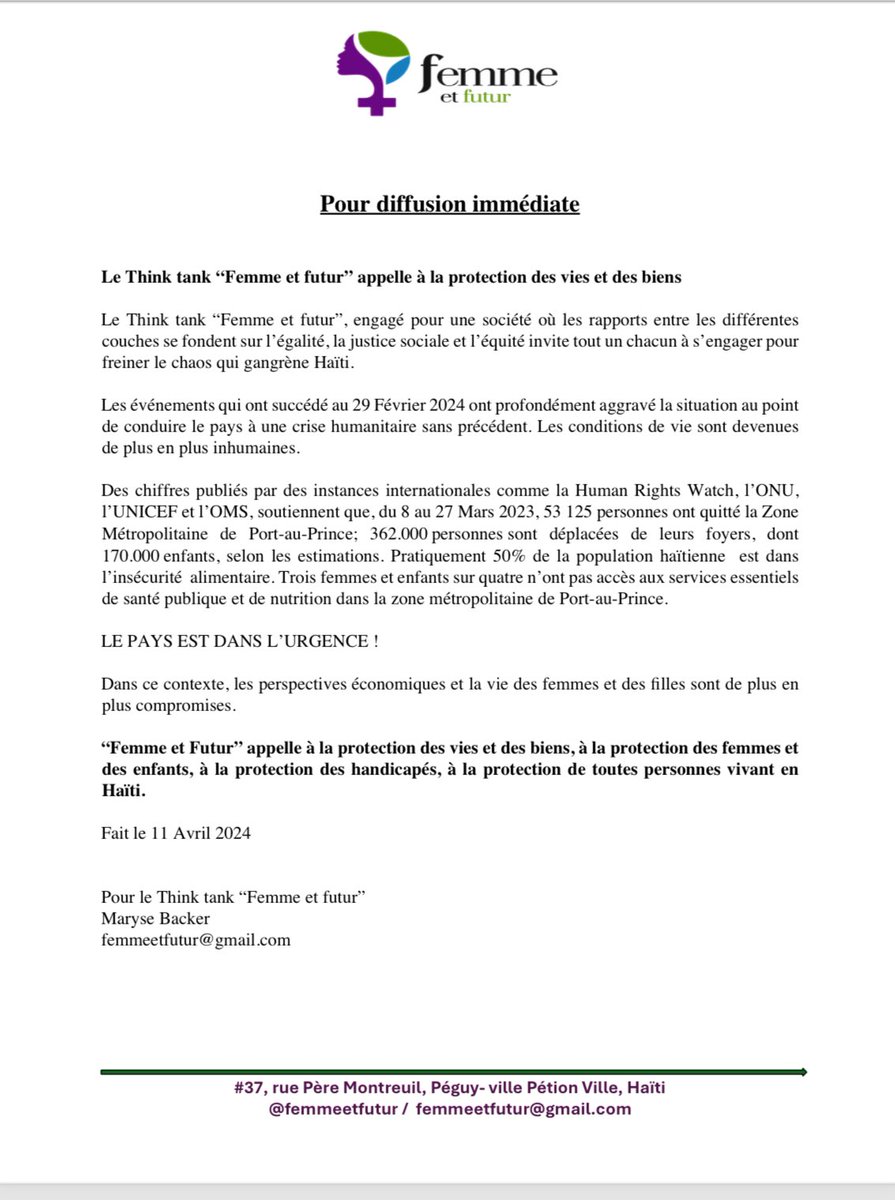 Femmeetfutur's tweet photo. Le Think tank «  Femme et Futur » appelle à la protection des vies et des biens #haiti #unicef #femmeetfutur #protectiondesvies #onu #oms https://t.co/BsvU40pcVf