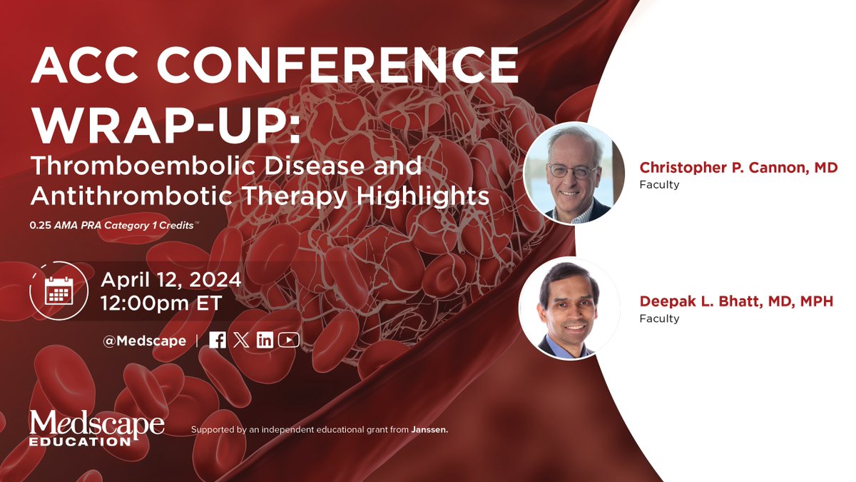 📆 LIVE TOMORROW! Don't miss Christopher Cannon and @DLBHATTMD as they share the latest Thromboembolic and Antithrombotic Disease highlights from ACC. Click the link to get notified when we go live! ➡️ms.spr.ly/6018cfdD8 #CardioTwitter #Cardiology #CardioEd