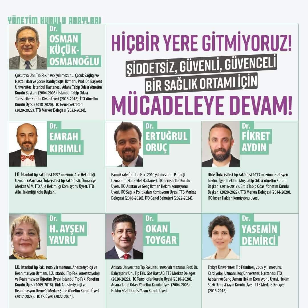 DKG, hekimliğin itibarını yeniden tesis etmek, hekim haklarını iyileştirmek, halkın sağlık hakkını korumak; eşit, ücretsiz, ulaşılabilir, nitelikli, anadilinde kamu eliyle sunulacak sağlığı yaratmak için İstanbul TO’yu yönetmeye aday. Hekimleri DKG’yi desteklemeye davet ediyorum.