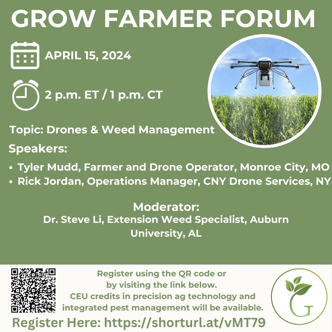 Our partners at @GROW are hosting a farmer forum on April 15! This virtual webinar will be focused on using #drones (also known as unmanned aerial vehicles or #UAVs) to #scout and manage weeds. Don't let #weeds hinder your harvest! Register here - shorturl.at/deHM7