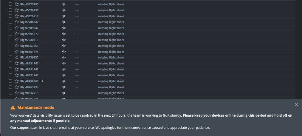 Good morning, let's check on the rigs I haven't migrated from <a href="/hiveonofficial/">Hiveon</a> to mmpOS yet.

oh, shit.

schedules wiped, tons of multi-hour dashboard OC saves gone, rig configs gone... and they're asking people to run their rigs while they look in to it? nah man. I'm on TOD power