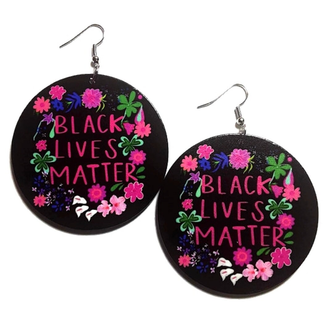 BLACK LIVES MATTER with Pink Florals Statement Wood Dangle Drop Earrings tuppu.net/70b7c0a3 #blackownedbusiness #fashionjewelry #explore #Etsy #melaninfashion #WoodEarrings