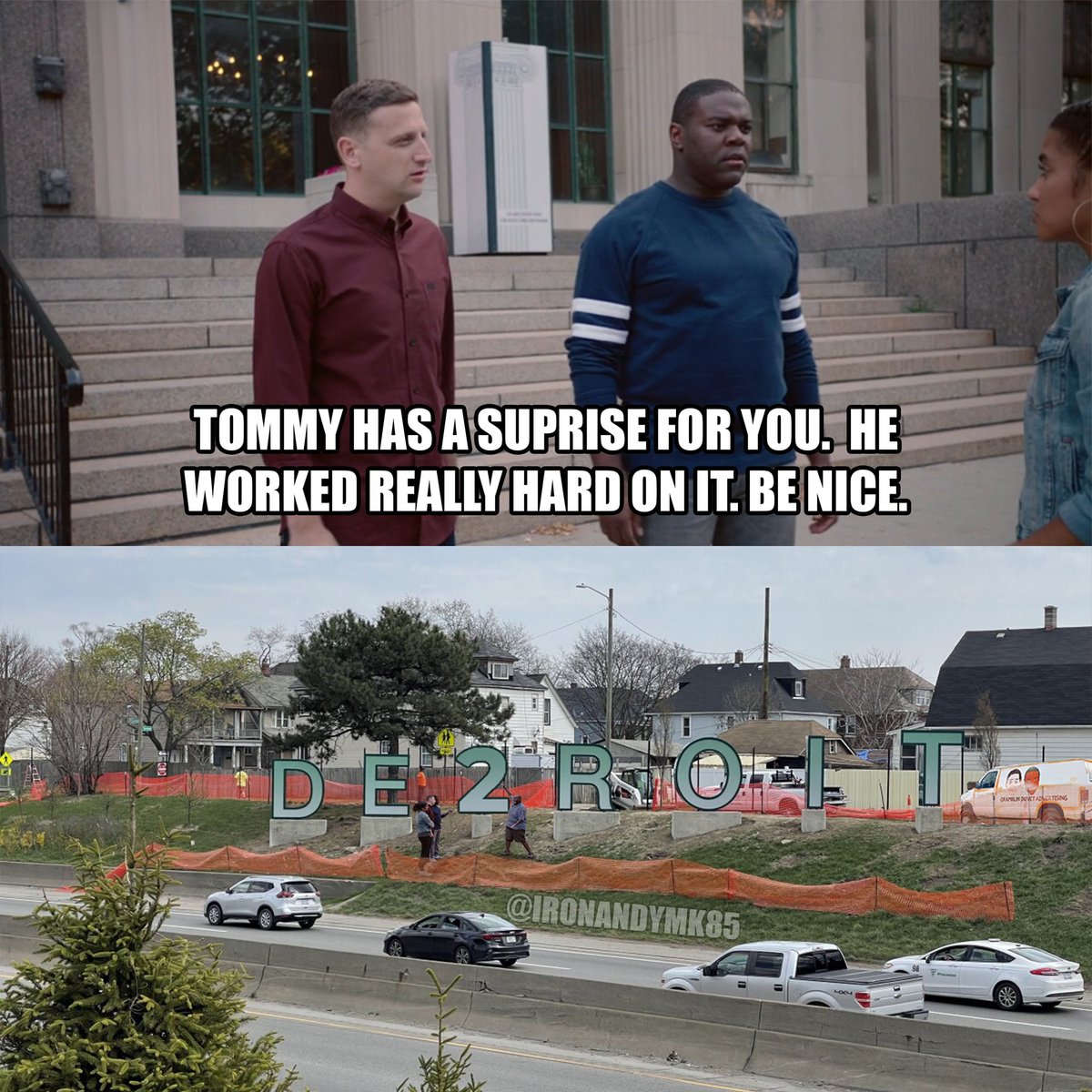 IronAndyMK85's tweet photo. Be nice to the new Detroit sign. Tommy Pencils worked really hard on it. 

#detroiters #de2roit #ithinkyoushouldleave #Detroit #meme https://t.co/xq5ytrlQ3L
