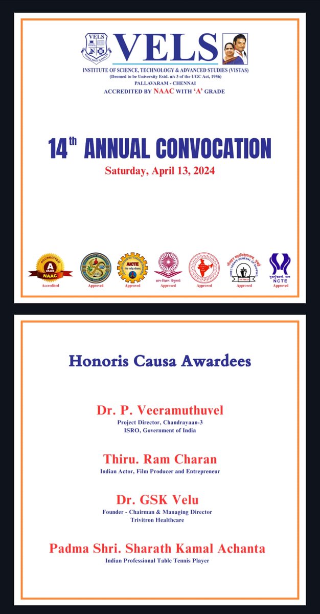 Another Day, Another proud moment 🤘🏻 𝐆𝐥𝐨𝐛𝐚𝐥 𝐒𝐭𝐚𝐫 @AlwaysRamCharan was awarded an honorary doctorate from the University of VELS Convocation, Chennai. The Convocation will take place on 13th at Chennai #GlobalStarRamCharan #RamCharan #GameChanger #RC16 #RC17
