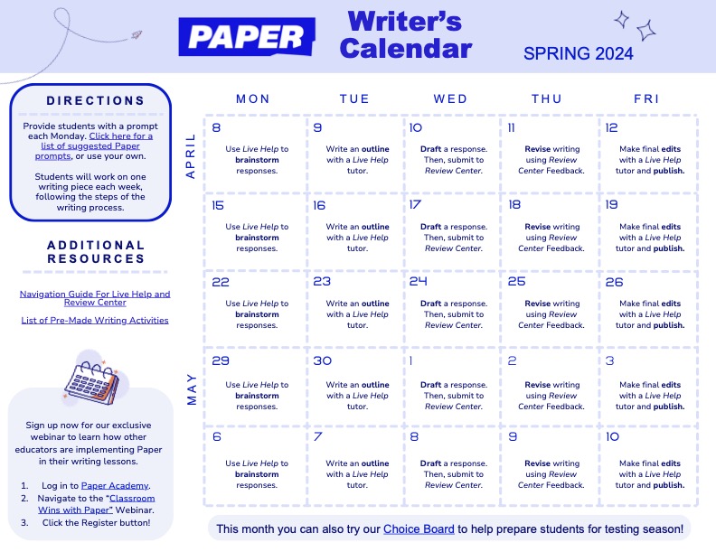 🌸📆 Exciting news for our #PaperPartners! 🌼🖋 Our spring writing calendar is here! Crafted to bring ease & innovation into your daily teaching routine, the calendar features daily plug-&-play writing activities. 📥 Teachers, download the free PDF: drive.google.com/file/d/12-4Q96…